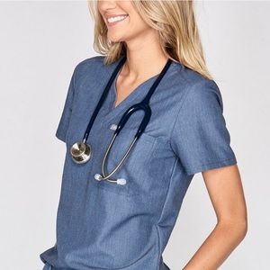 Figs heather denim one pocket scrub top